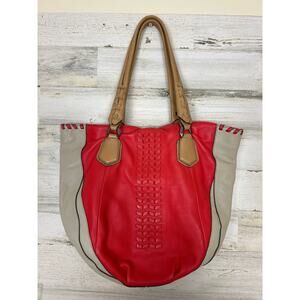 OrYANY Lyssie Large Coral Tan Pebbled Leather Colorblock Shoulder Tote Bag Purse